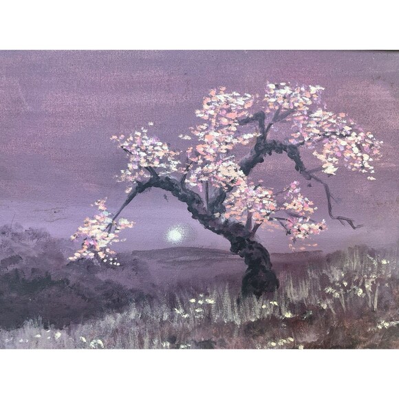 Vintage Signed Framed Oil Painting Cherry Blossom Tree At Dusk W/Moon Is Rising - Picture 8 of 9